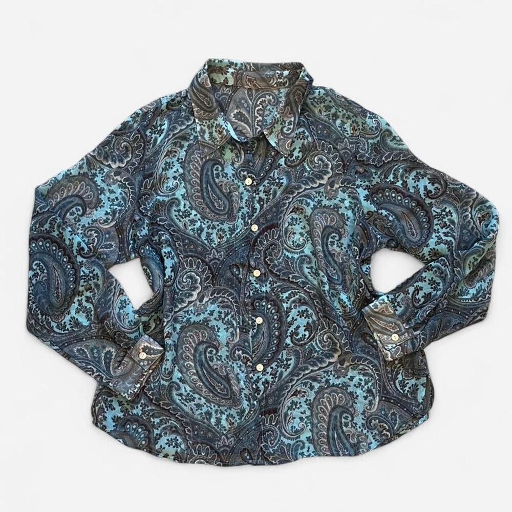 70s style shear Button Up Shirt blue and green paisley button up shirt
